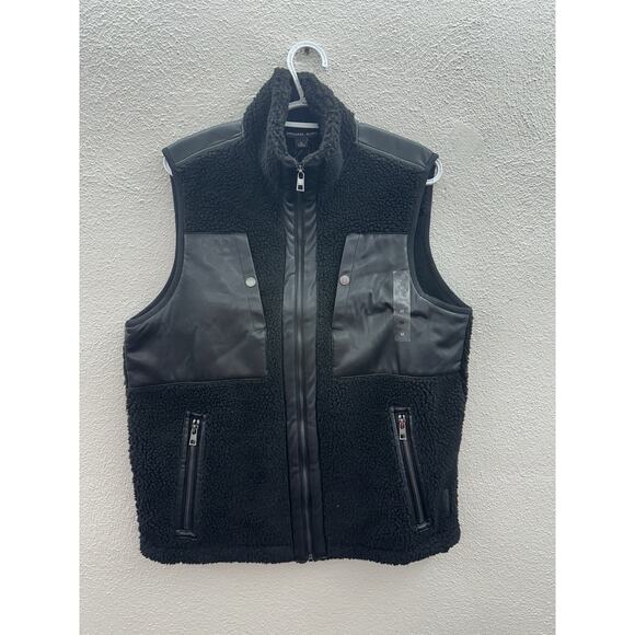 Michael Kors Mens Vest Size Medium Black Sherpa Faux Leather Detail Zip Up NWTs